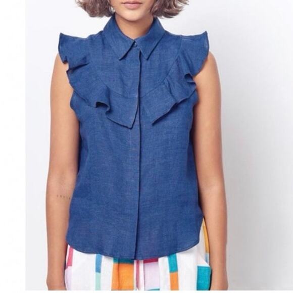 Women’s Corey Lynn Calter Blue Linen Button up Sleeveless Top with Ruffles.Small - Picture 8 of 8